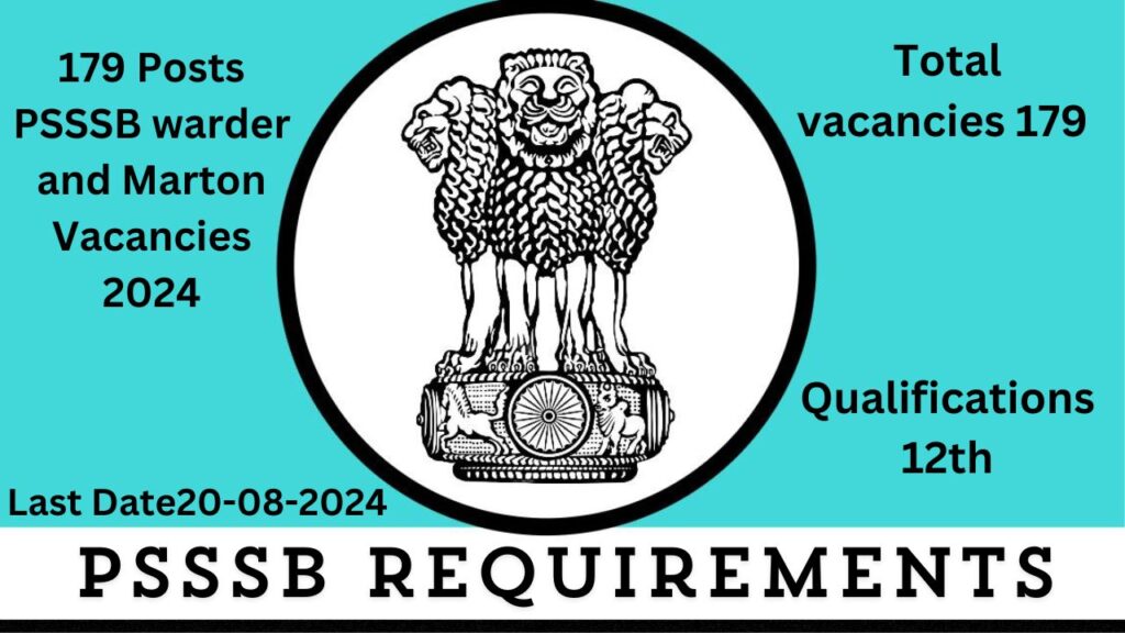 179 Posts PSSSB warder and Marton Vacancies 2024 Online Apply